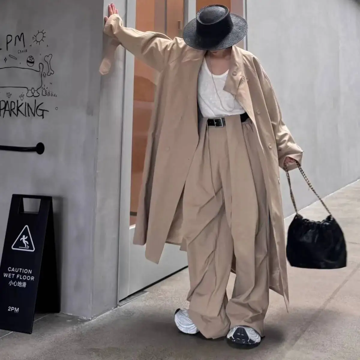 BJTZ مزاجه فضفاضة تناسب بلون خندق وواسعة الساق بانت قطعتين مجموعة للمرأة 2025 ربيع الخريف الاتجاه الجديد مجموعات الإناث