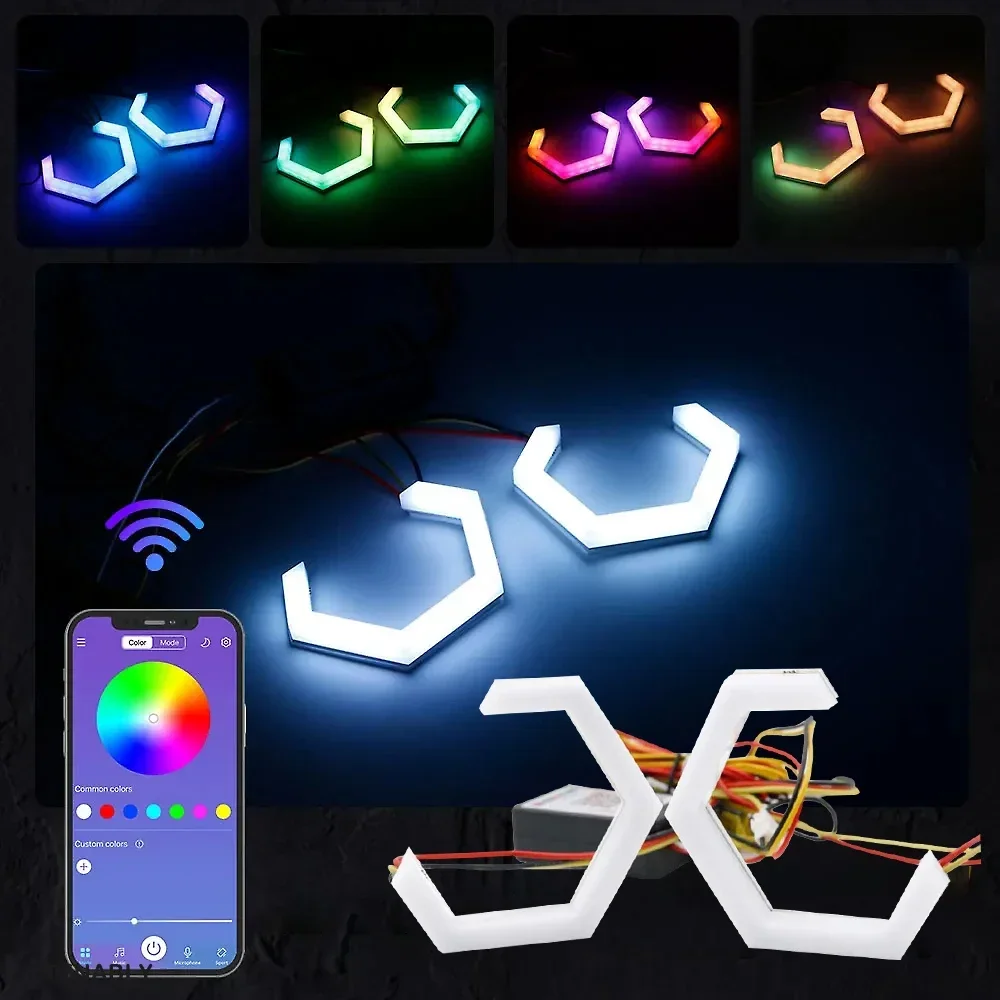 

2 шт., 12 В/24 В, RGB, управление через приложение, шестигранные ангельские глазки, кольца Halo, модернизированная фара, автомобильная мотоциклетная белая DRL + янтарный указатель поворота