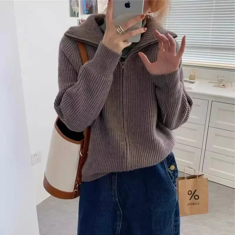 Autumn and Winter Lazy Style High Neck Thickened Knitted Cardigan Korean Zipper Design Feels Small Flip Neck Sweater for Women