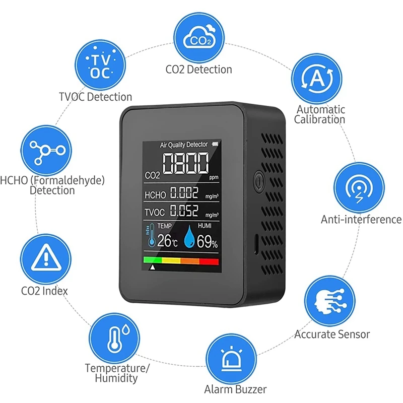 USB Monitor de Qualidade do Ar Recarregável, 5 em 1, Temperatura, Umidade, CO2 Meter, TVOC, HCHO, Detector