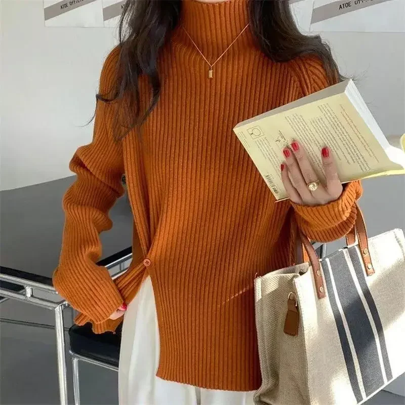 Women's Knit Sweater Off-white Loose Turtleneck Ladies Pullovers Buttons Slit Hot Sale Winter Offers Trend New Knitwear 2024 Hot