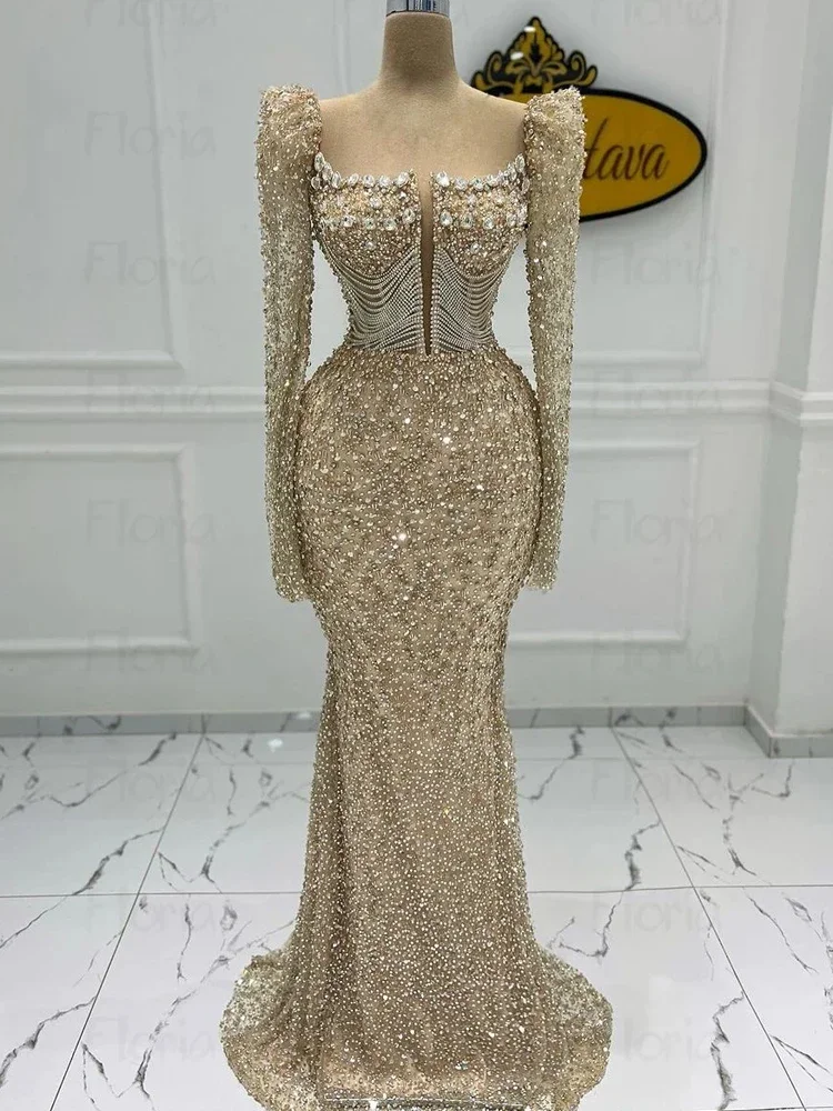 Arabic Mermaid Champagne Evening Dress For Wedding 2024 Luxury Beaded Formal Prom Party Gowns Bride Crystals Robe Female Retro