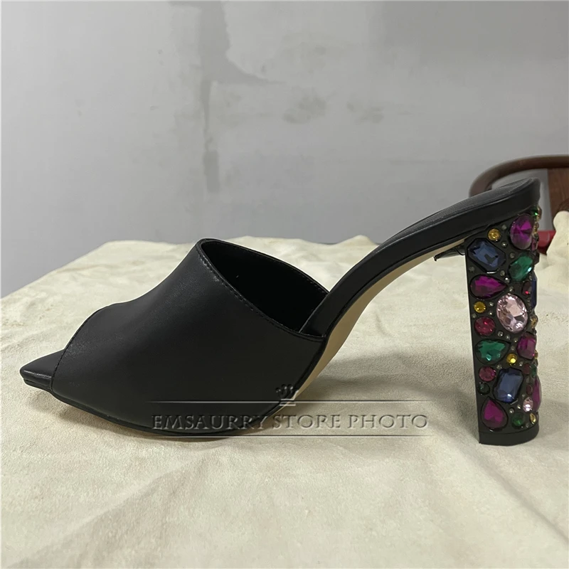 Colorful Rhinestone Diamond High Heel Sandals Women Luxury Genuine Leather Slingbacks Open Toe Party Shoes Summer