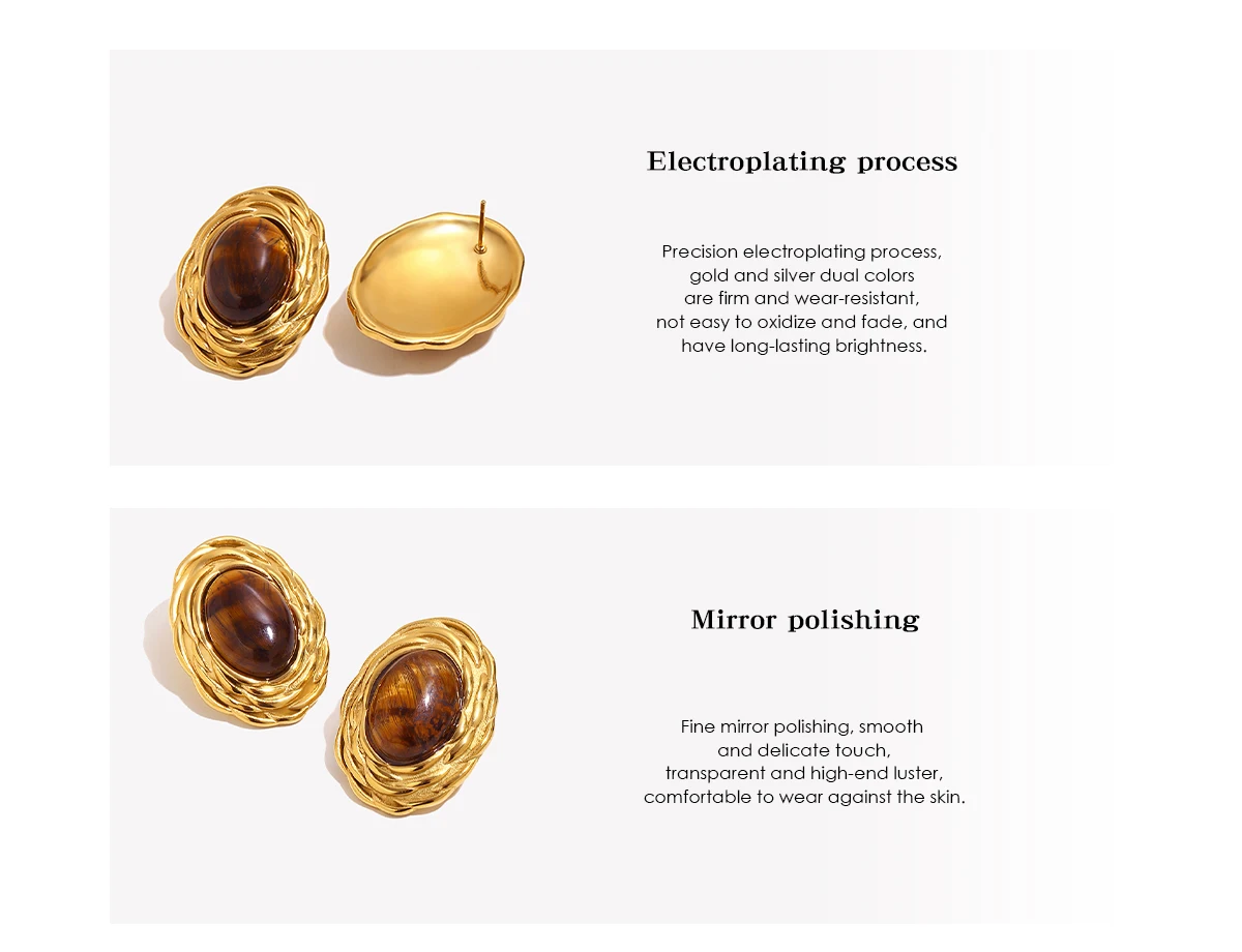E.B.belle Retro Ovale Tigerauge Ohrstecker 18K Vergoldeter Edelstahl Ohrringe Luxus-Schmuck für Frauen Ohrring Geschenk – Detail 8
