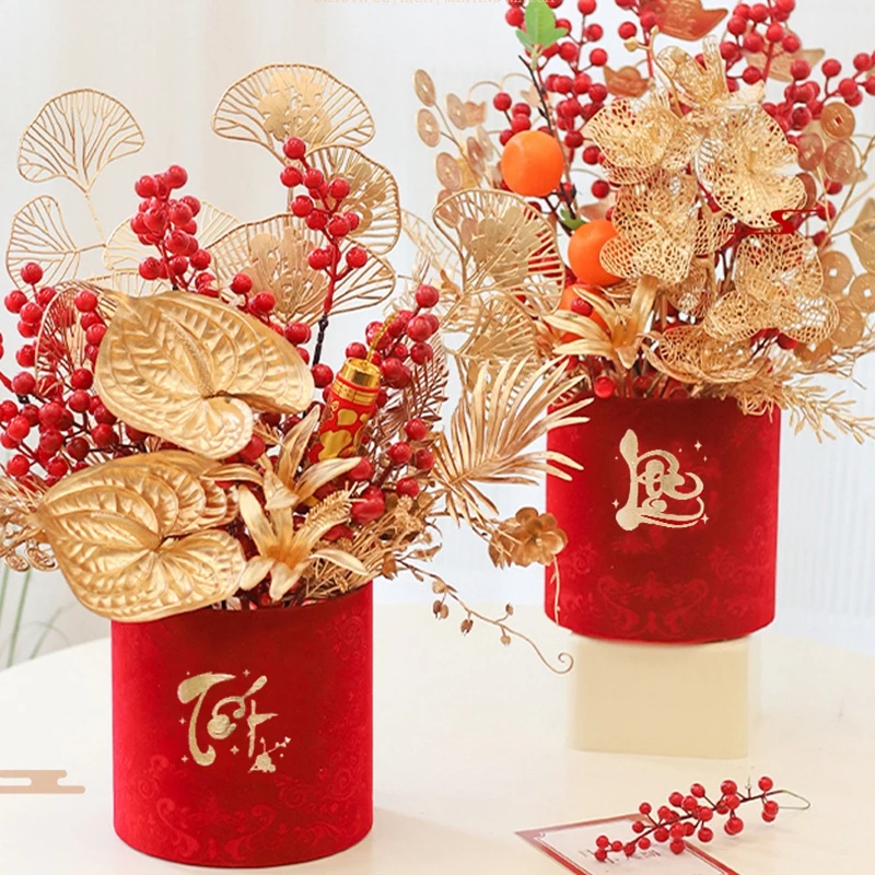 2025 Vietnamese New Year Flower Bucket Chinese Spring Festive Desktop Red Fruit Berry Pot Decor Festive Flower Bucket Decoration