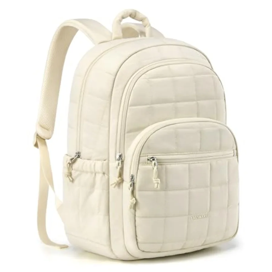 College Laptop Backpack Travel Backpack for Women Quilted Casual Daypack Water-Resistant Bookbag for 15.6 Inch Laptop Beige