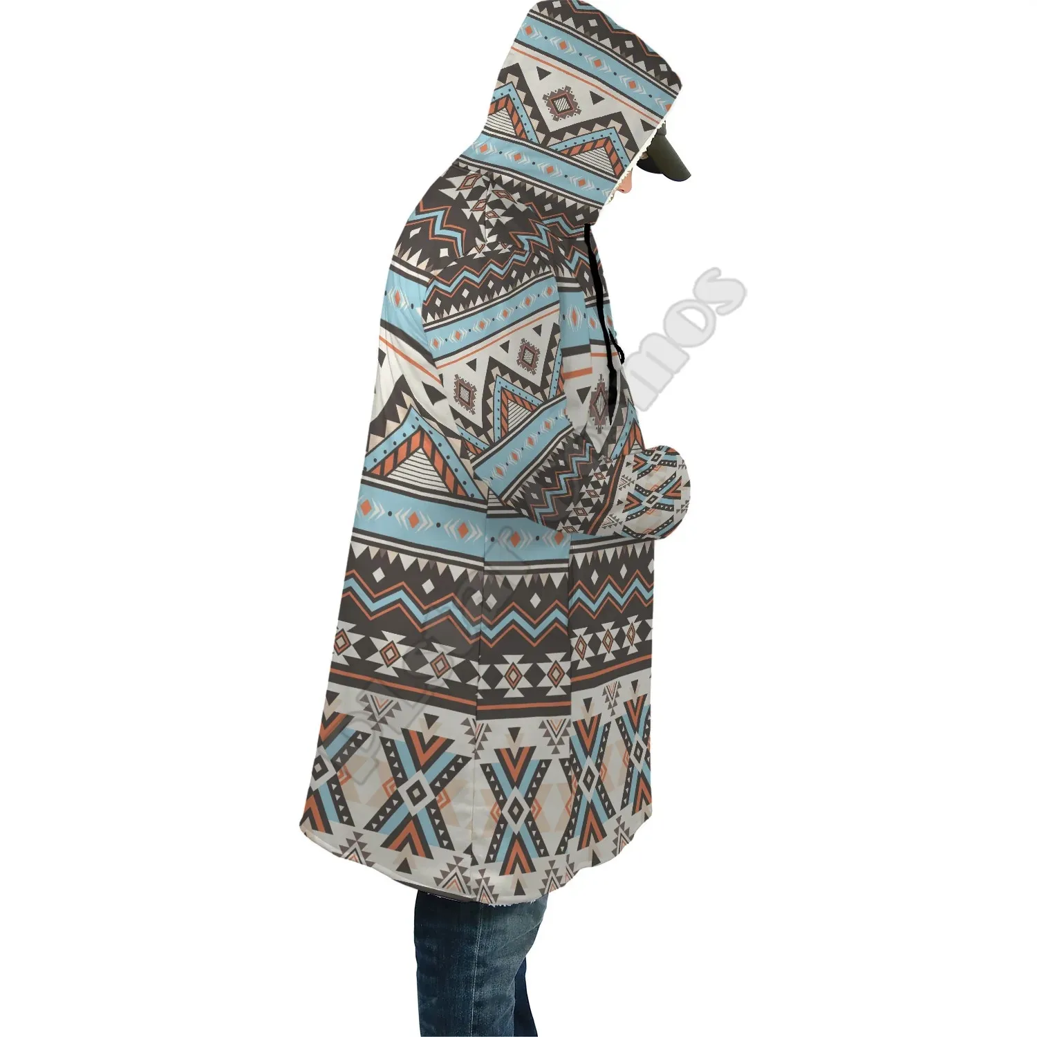 Tribal Striped Seamless Cloak 3D Printed Winter Hooded Cloaks Fleece Wind Breaker Unisex Warm Overcoat