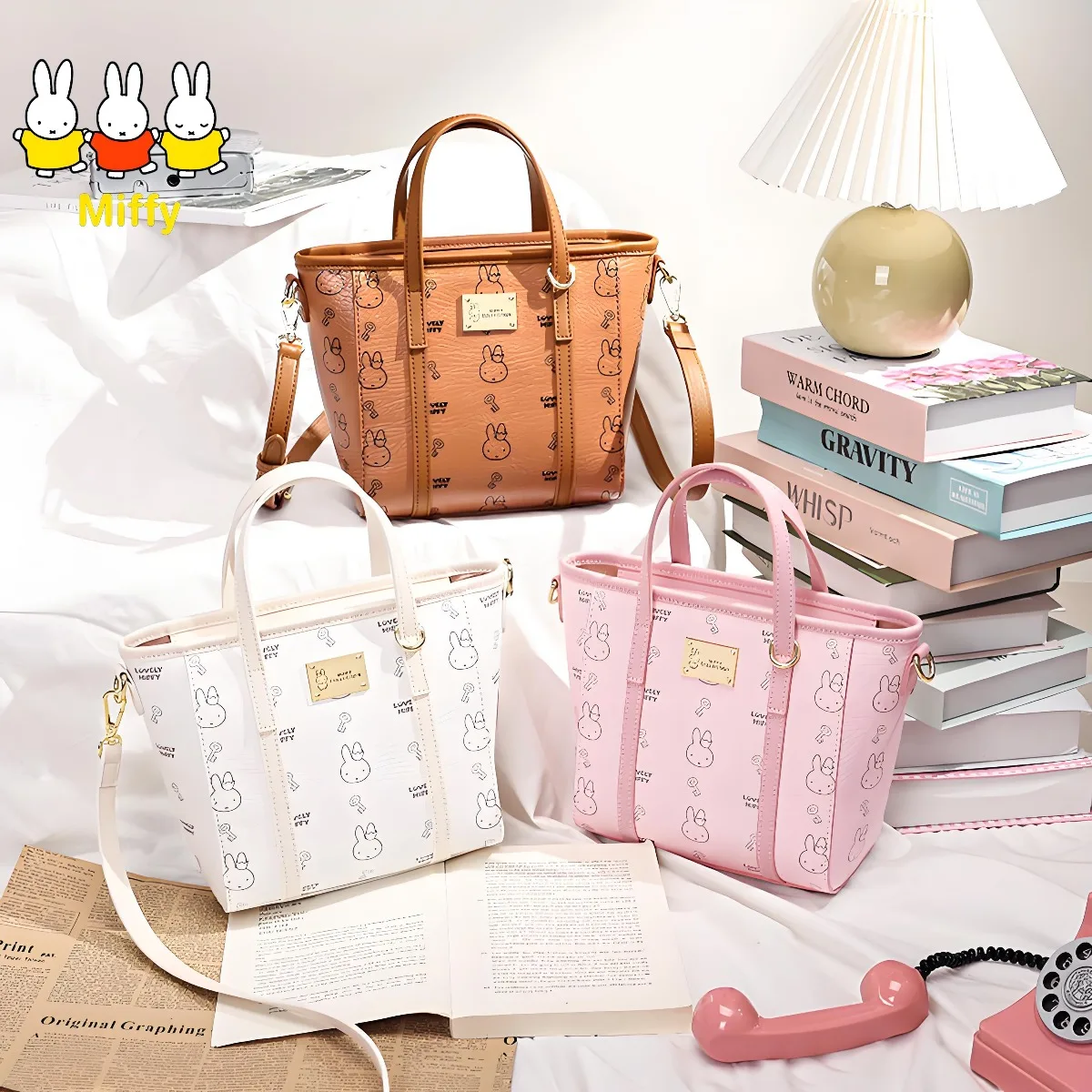 

Kawaii Miffy Rabbit Tote Bag Cute Cartoon Girlish Creative Bucket Bag Crossbody Commuter Portable Single-shoulder Bag