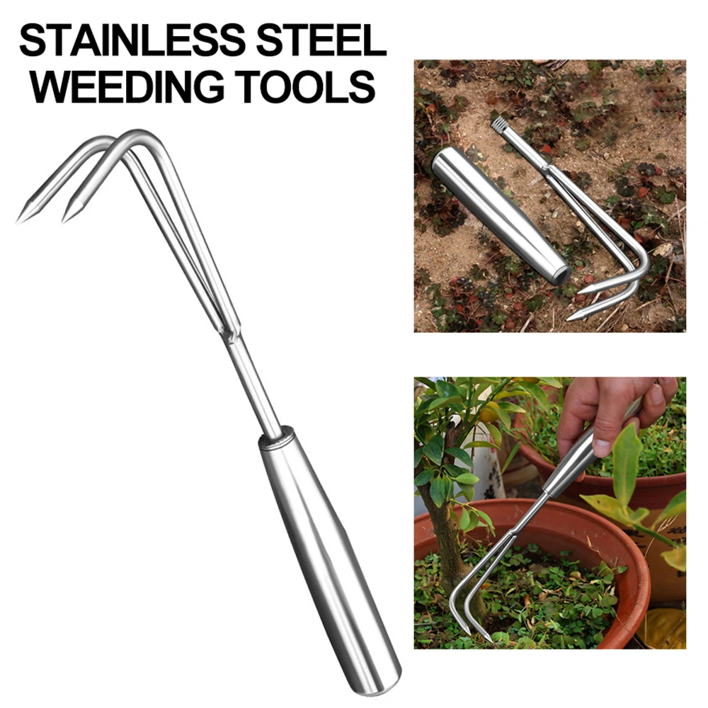 Garden Tools Stainless Steel Weeding Two Toothed Rake, Potted Plant Changing and Loosening Tools