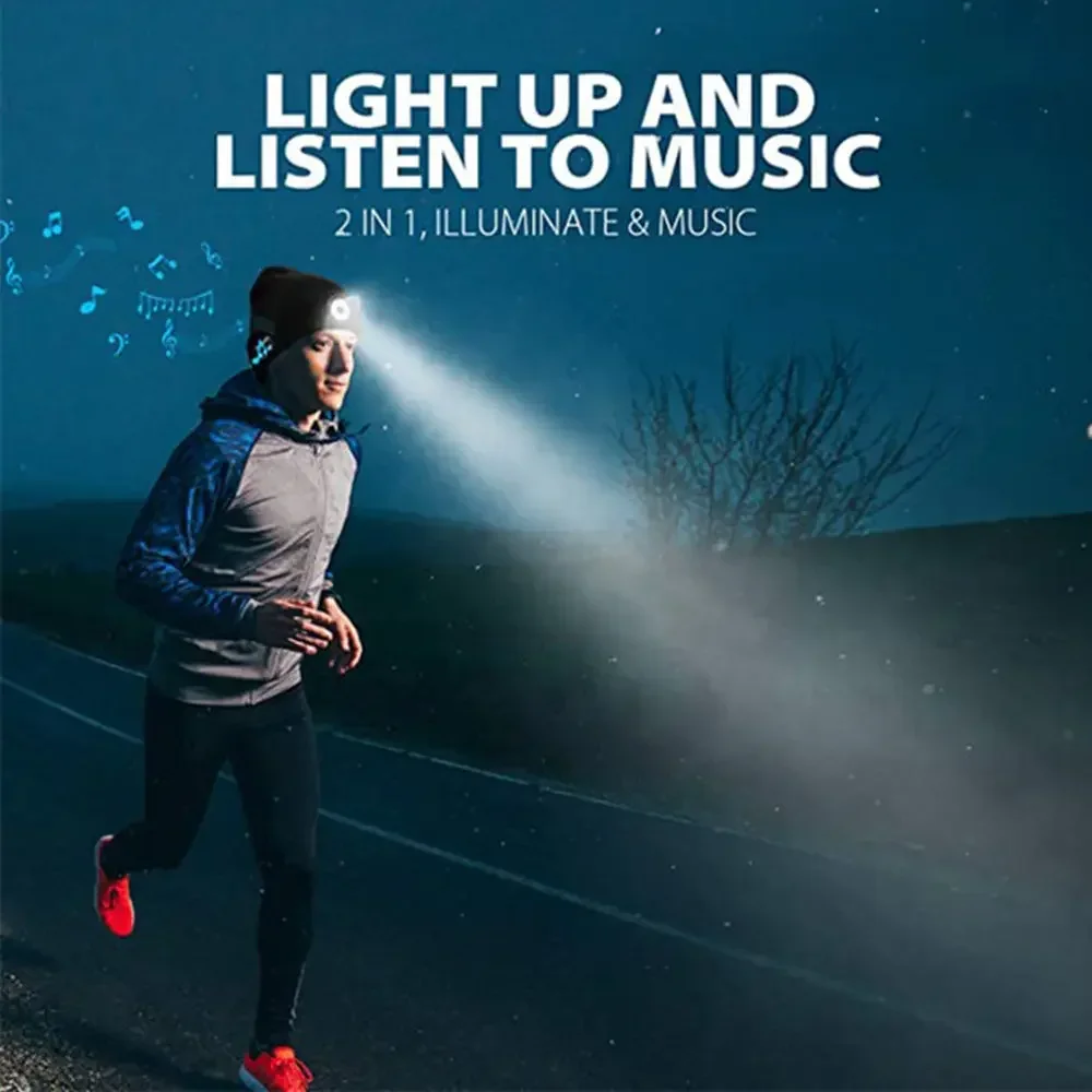 Beanie Hangat Bebas Genggam Topi LED Bluetooth 5.0 Headset Stereo Nirkabel Pemutar Musik dengan Mikrofon Mendukung Peredupan Baterai Isi Ulang