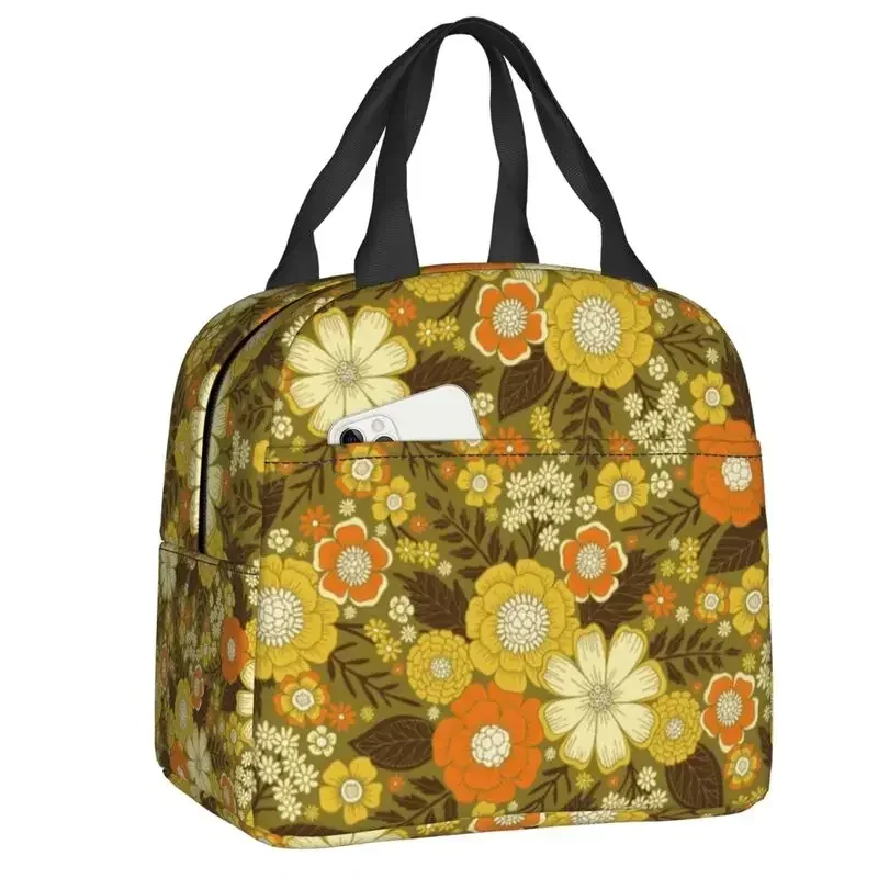 Abstract 1970s Hippie Sunflowers Daisies Pattern Insulated Lunch Bags for Work Waterproof Thermal Cooler  Box Children