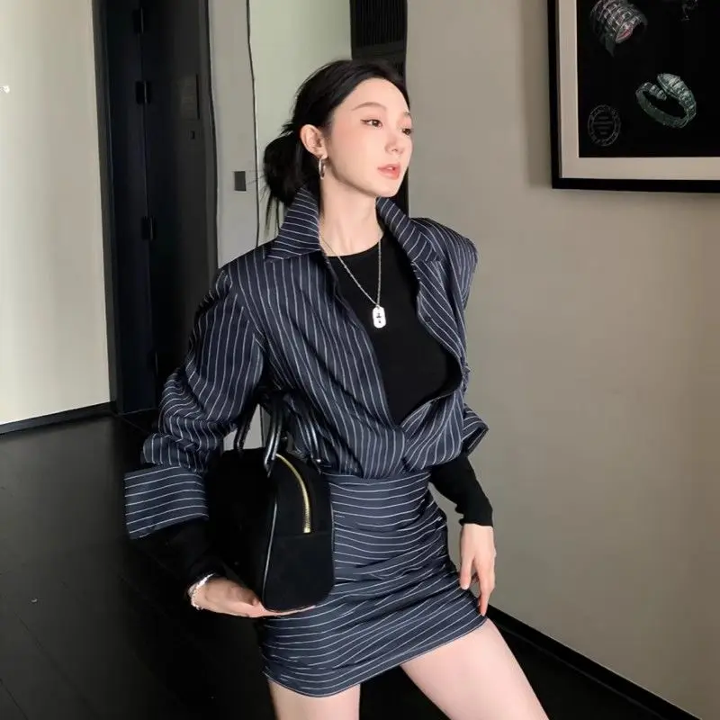 Striped Polo Neck Shirt Long-sleeved Dress Female Temperament Waist-pack Hip Short Skirt