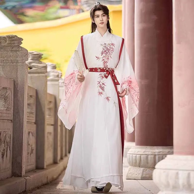 Robe Hanfu Xianxia en Chiffon Brodé de Bambou Blanc et Rouge pour Hommes et Femmes, Manches Larges, Costume de Cosplay de Samouraï Ancien Chinois ou Savant