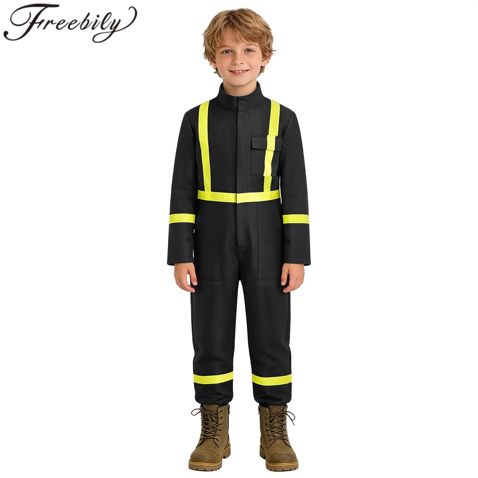 Kids Boys Reflective Coverall Mechanic Jumpsuits Workwear Long Pants Work Jumpsuit for Halloween Factory Workshop Uniform