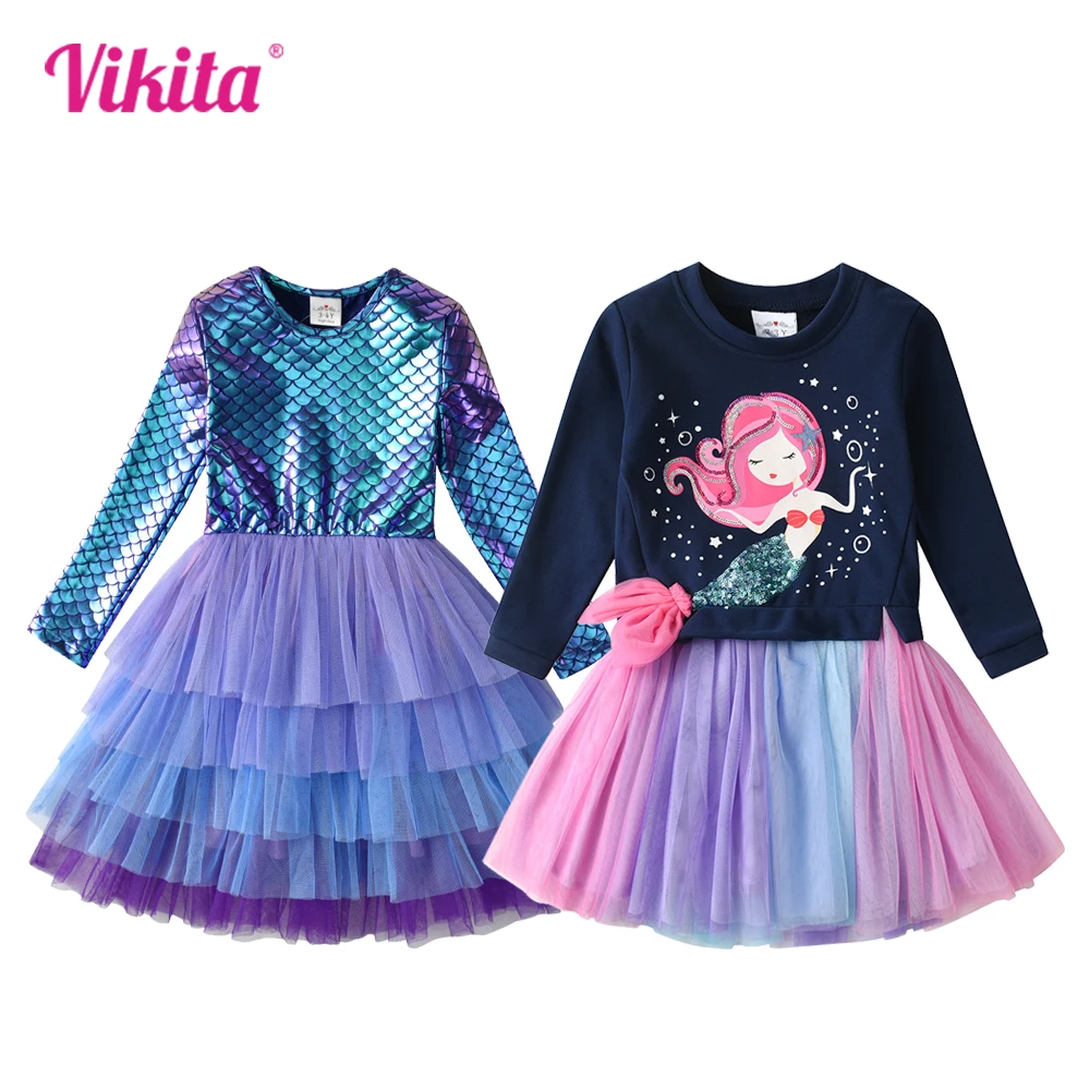 VIKITA Girls Mermaid Appliqued Dress Kids Princess Mesh Tulle Tutu Layered Birthday Party Dress Toddlers 2 Pcs Dresses 3-12 Yrs