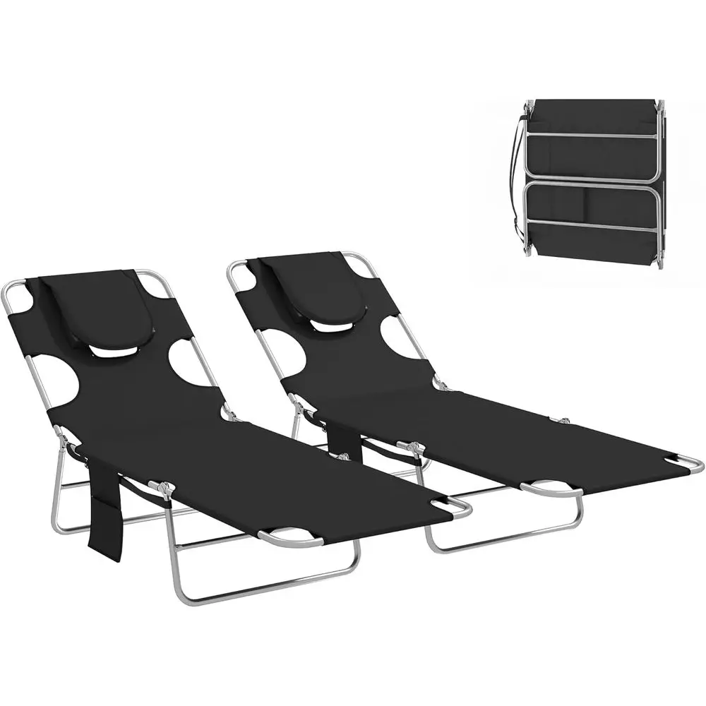 

Outdoor 2-Piece Chaise Lounge Set with Arm Holes, 5-Position Reclining, Portable Beach Pool Chair, Black