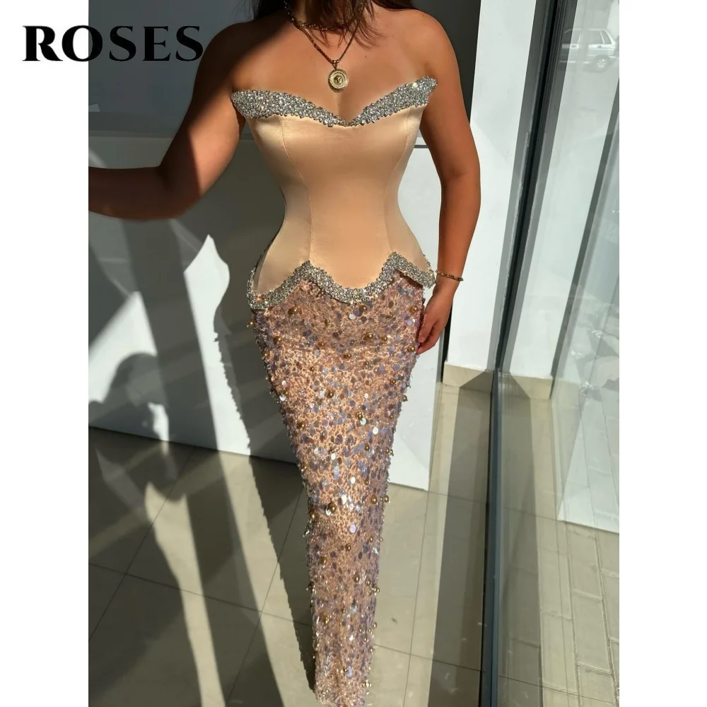 

ROSES Champagne Prom Dress Sweetheart Trumpet Party Dress with Glitter Sequins Detail and Ruched Waist Evening Dress Customized