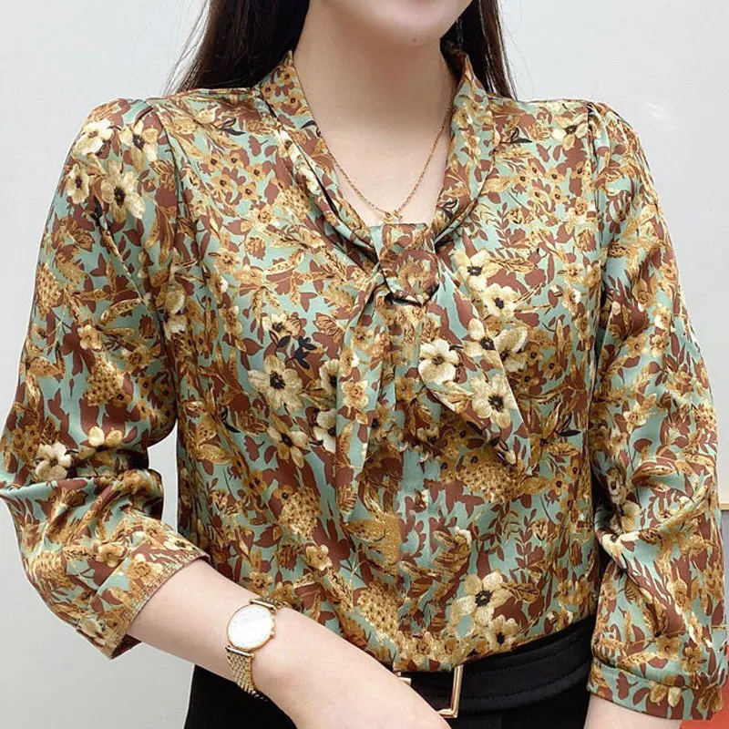 Spring Autumn Stylish Nine Quarter Sleeve Blouse Female Clothing Vintage Floral Printed Casual All-match Scarf Collar Bow Shirt