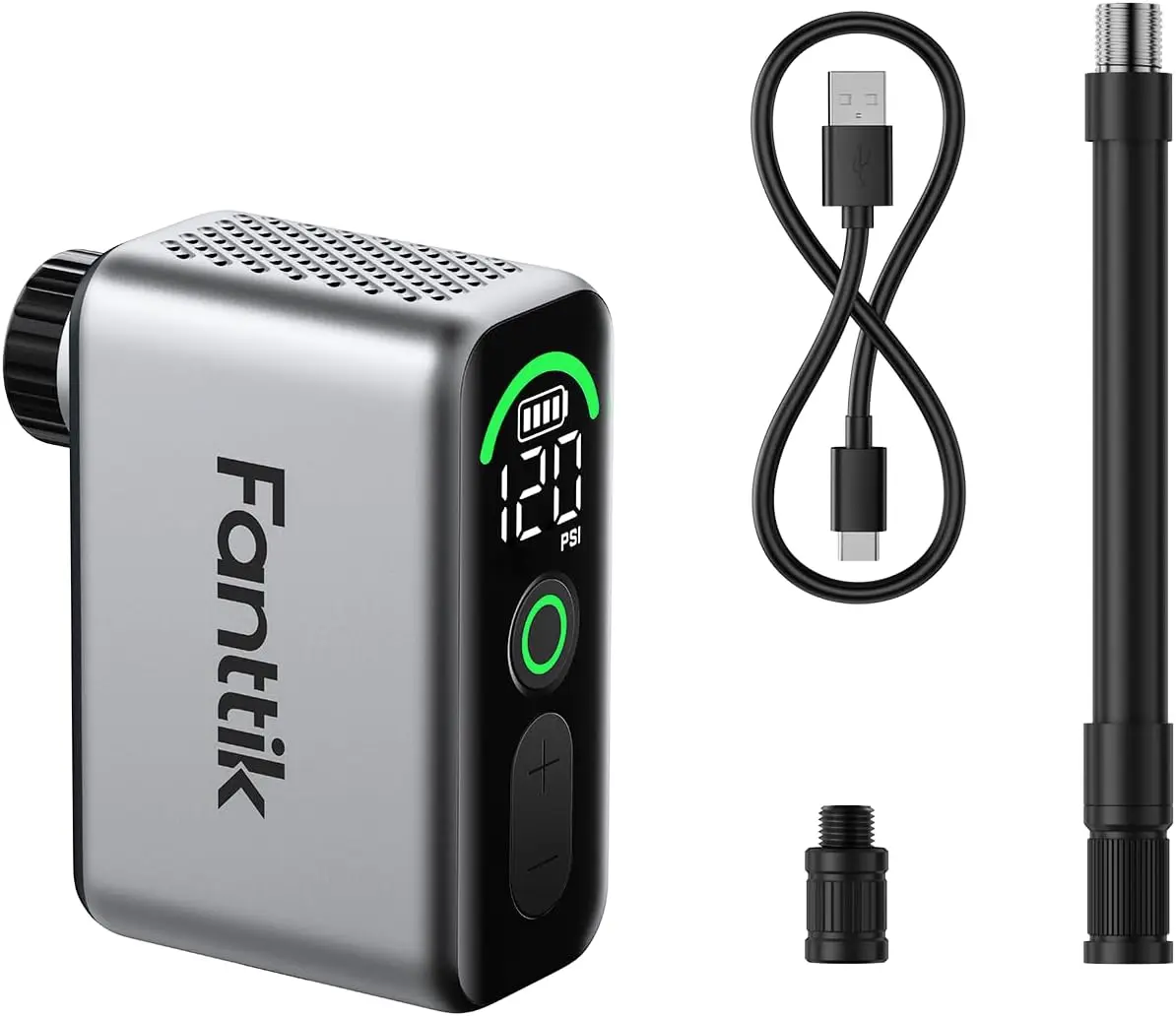 

Compact Electric Bike Pump, 120 PSI Fast Inflate for Road Bikes with Presta and Schrader Valves