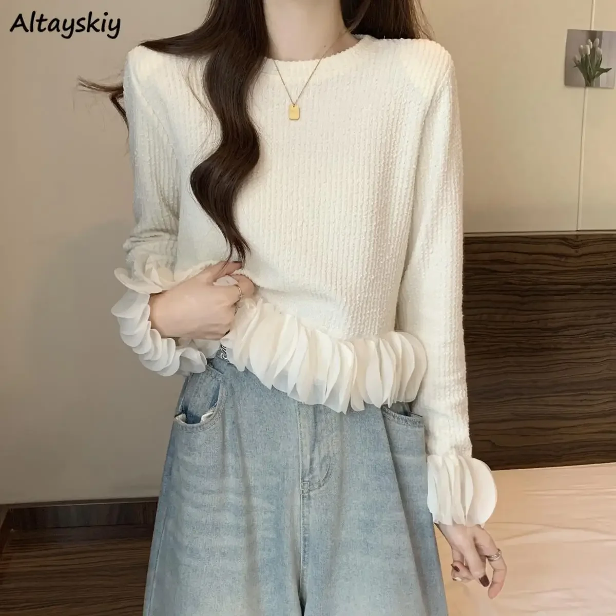 

Ruffles Knitted Pullovers Women Crop Temper Elegant Gentle All-match Fashion Design Tender Autumn Aesthetic Ulzzang Girlish New