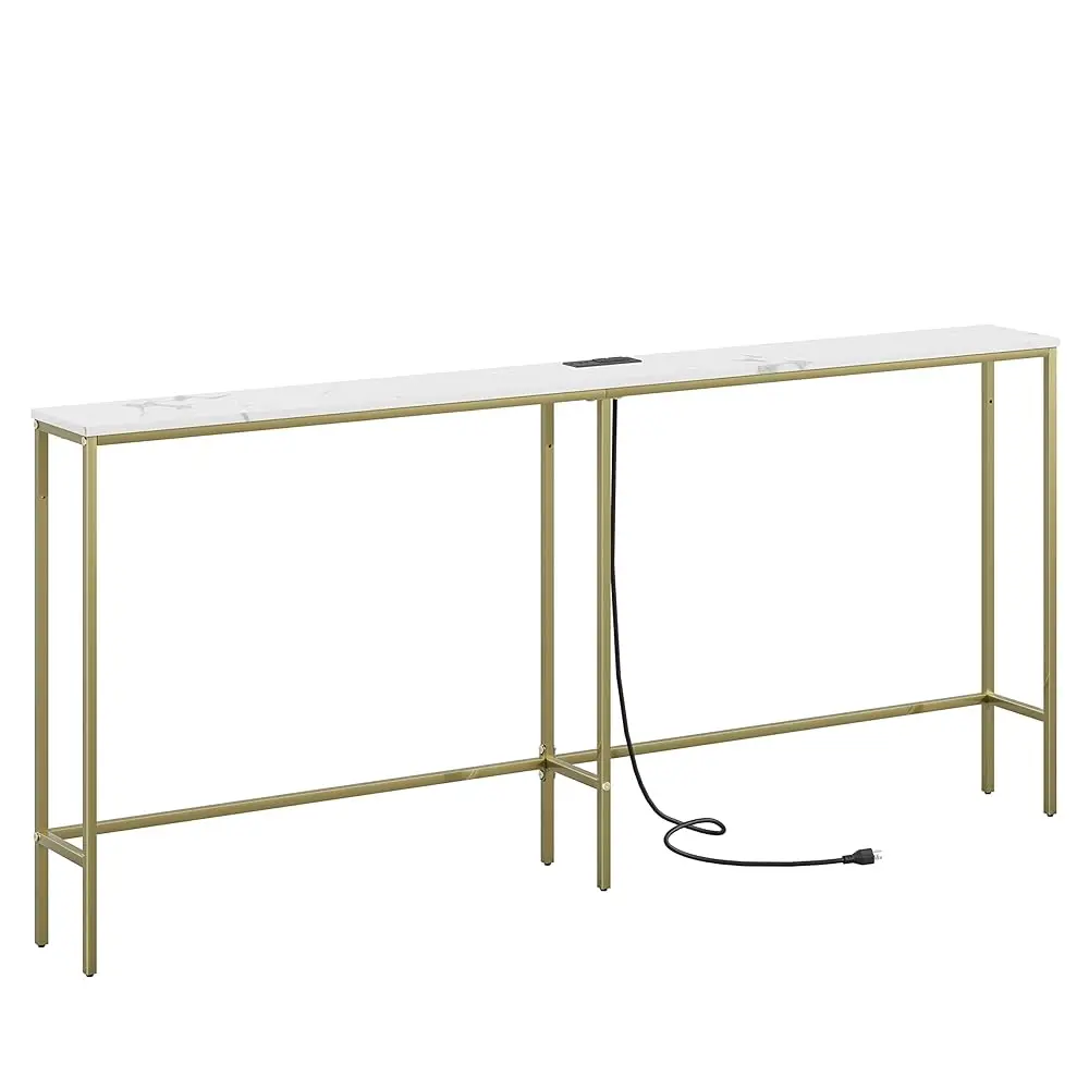 

70.9 H Console Table With Power Outlet,Modern Narrow Long Sofa Table Behind Couch,Skinny Entry Table With Gold Metal Frame For