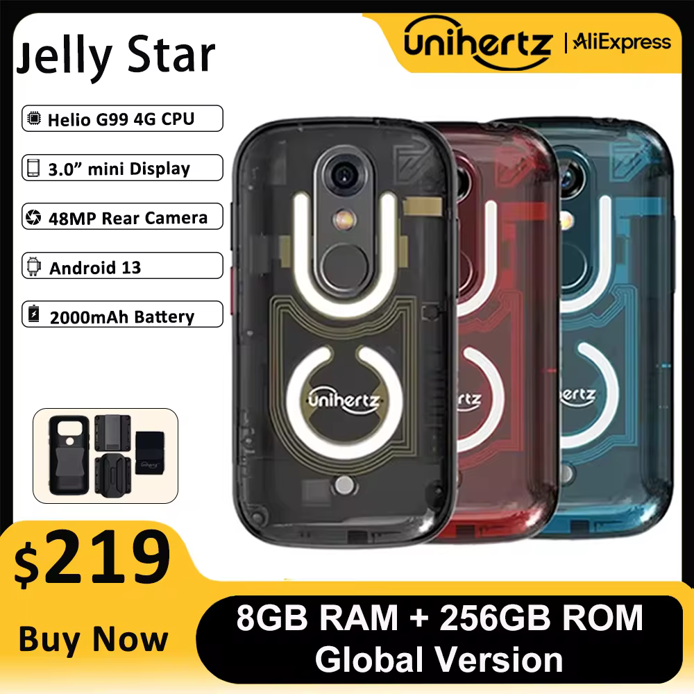 סמארטפון מיני Unihertz Jelly Star עם מערכת הפעלה אנדרואיד 13, 8GB זיכרון פנימי ו-256GB תאורת LED, פתיחה פתוחה ושקופה, מצלמה אחורית ברזולוציה של 48 מגה פיקסל וטלפון בגודל 3 אינץ'