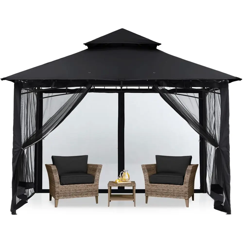 11x11 t Heavy Duty Patio Gazebo with Netting Walls, Black | Rustproo Steel e, 4 Zippered Netting Walls, Double-Tiered Roo, UP 50