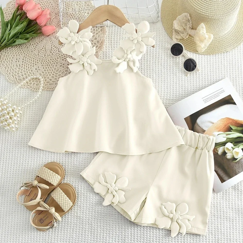 Girls' Summer Clothes Carnival Costume Little Girl White Costumes Korean Version 3D Flower Decoration Suspenders Top + Shorts