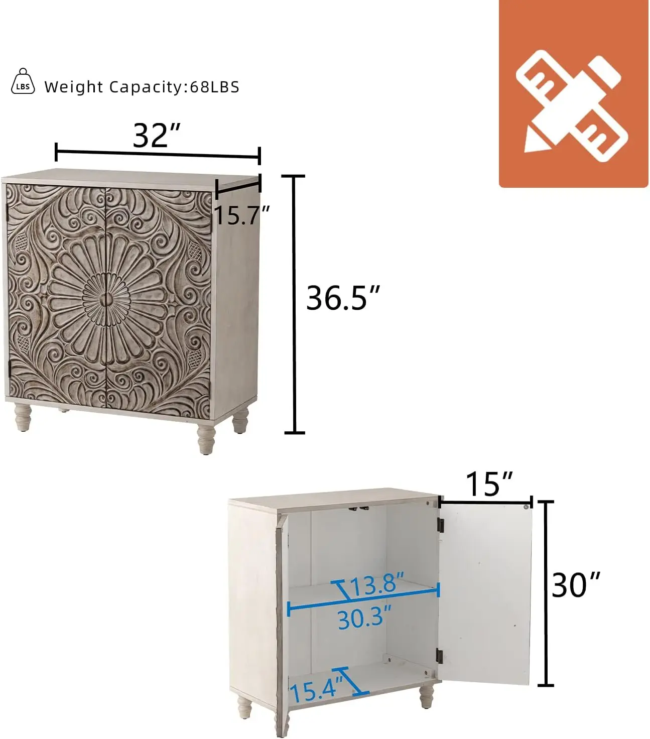 Vintage Storage Cabinet With Doors And Shelf, Rustic Boho Decorative Buffet Sideboard With Carved Pattern, Wood Grain Accent Console For Entryway Living Room, Farmhouse Furniture, White