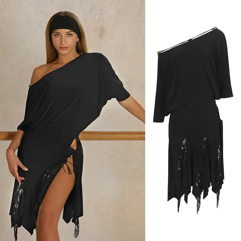 

ZYM Sloping Shoulder Latin Dance Fringed Dress Women Sexy Chacha Latin Dance Dress Adults Samba Performance Dancing Wear SL15617