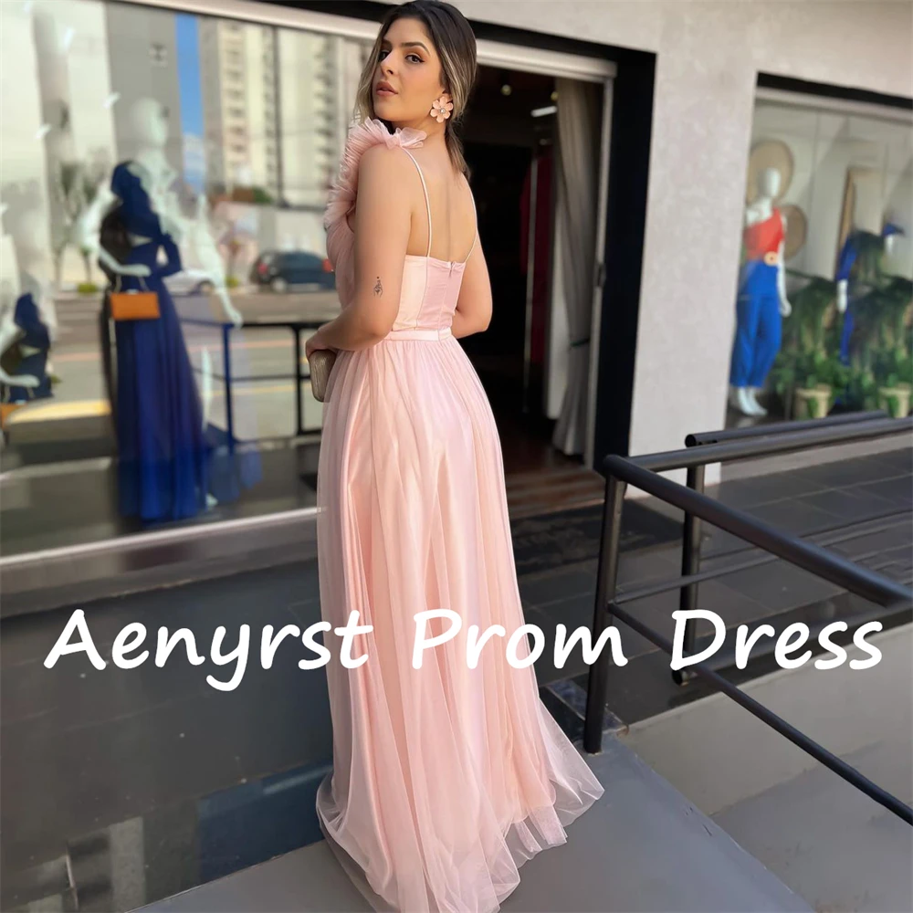 Aenyrst Elegant Pink Spaghetti Strap Ruffles A Line Prom Dresses Tulle Backless Evening Gowns Floor Length Birthday Party Dress