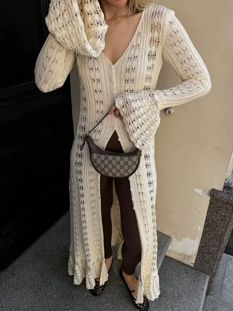 

BluWin Hollow Out Knitwear Loose Maxi Dress Cardigan Female See-Through Patchwork Holiday Beach Dress Knitwear Women's Summer