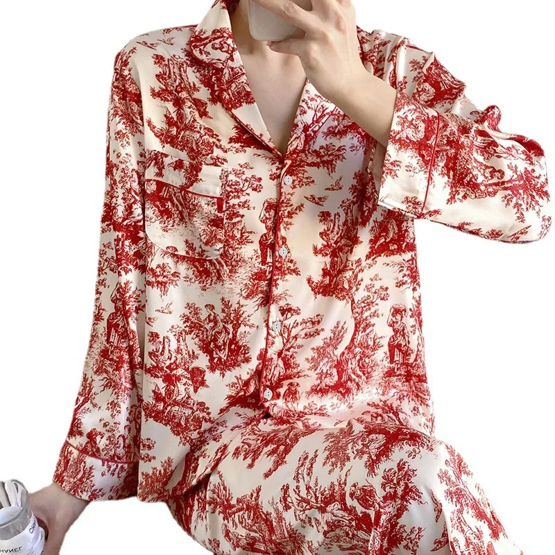 

Female Pajamas Set Loungewear Red Print Flower Long Sleeve Trouser Suits Sleepwear Loose Satin 2PCS Shirt&pant Home Clothes