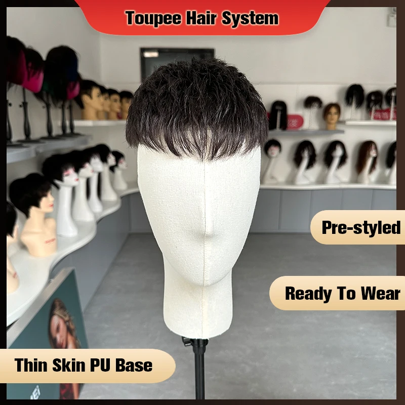 Toupee For Men Human Hair Pre Styled Thin Skin PU Base Black Hair Piece Hair Replacement Systems Men's Wigs Protesis Male Choice