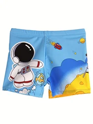 Cartoon Astronaut Pattern Quick Dry Swim Trunks For Boys, Elastic Waist Beach Shorts, Boys Swimwear For Summer Vacation