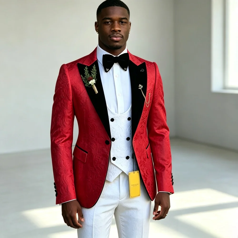 Slim Fit Luxury Floral Suits for Men Three Pieces Set Separates Groom Tuxedo For Wedding Party Guest (Jacket + Pants + Vest)