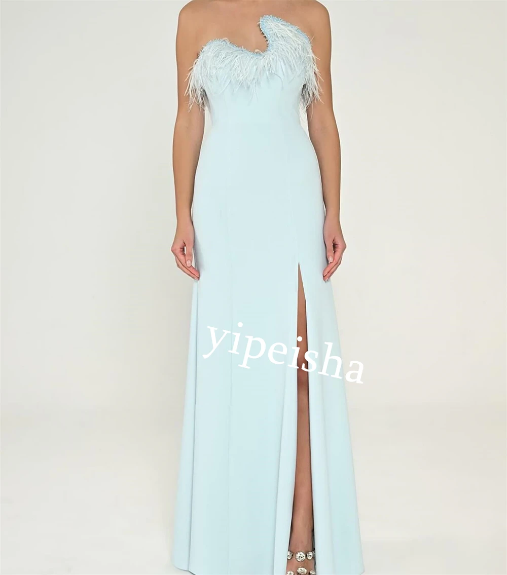 Jiayigong Jersey Feather Engagement A-Line Strapless Bespoke โอกาสชุดเดรสยาวซาอุดีอาระเบีย