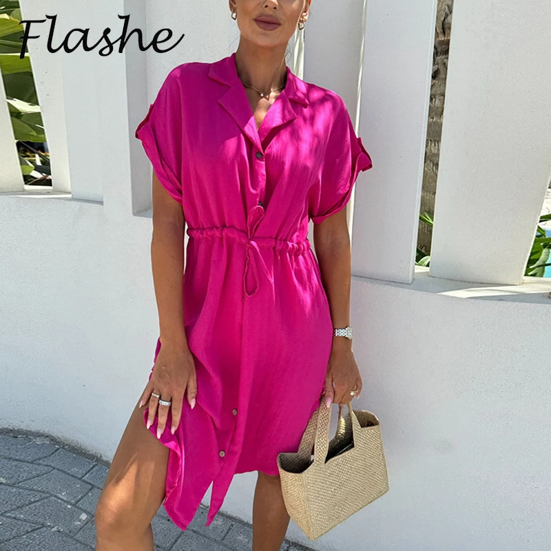 

Summer Casual Single Breasted Shirt Dress Women Turn Down Collar Button Party Dresses For Women Elegant Short Dress 2024