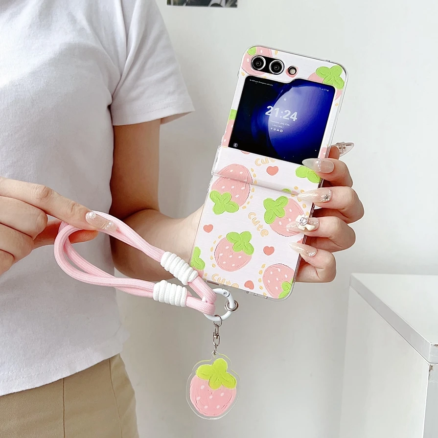 Bonita funda de teléfono con limón para Samsung Z Flip 6 5 4 z flip3, fundas con cadena para muñeca para Galaxy Z Flip 4 5, funda protectora fina con bisagra dura