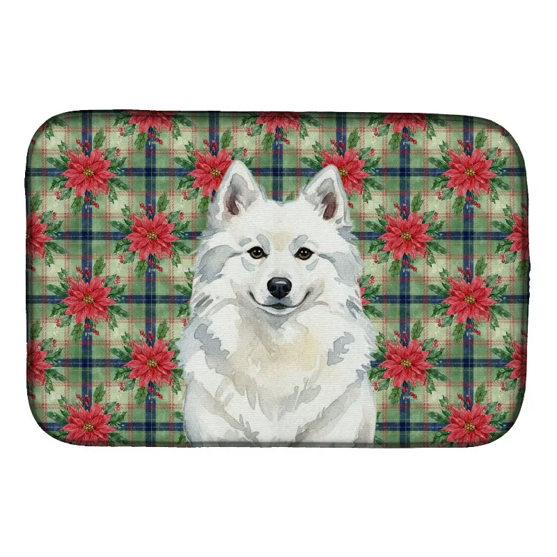 

14x22" Absorbent Dish Drying Mat American Eskimo Christmas Poinsettias Non-Slip Kitchen Counter Dish Drainer Pad
