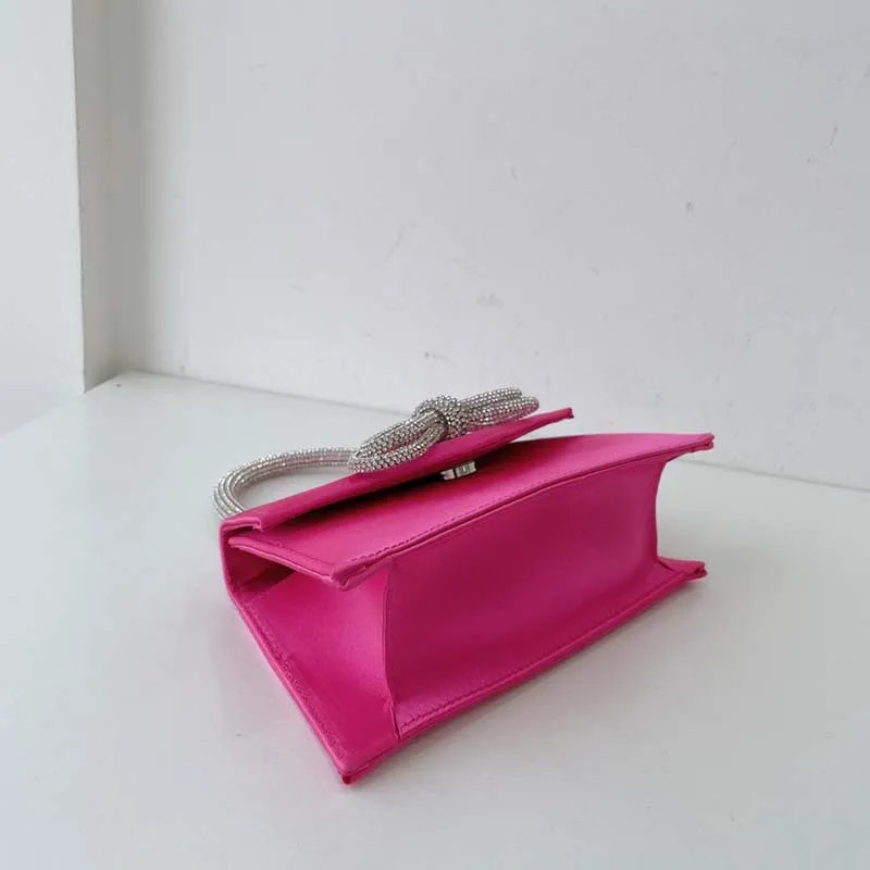 Women Rhinestone Bow Satin Handbags Elegant Boutique Crystal Top Handle Evening Clutch Purses Chain Crossbody Bags Wedding Party