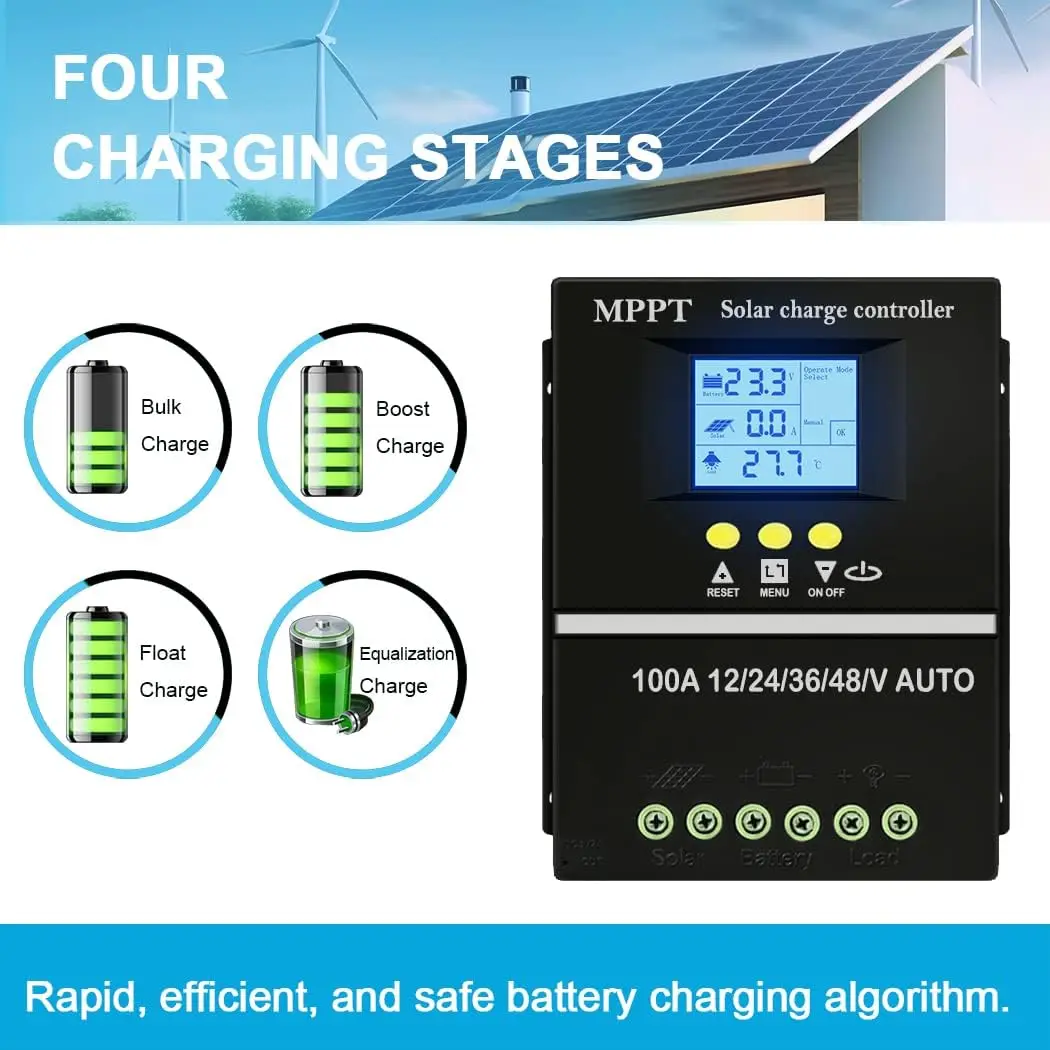 Imagem -06 - Controlador de Carga Solar Mppt com Display Lcd Regulador Solar para Sistema de Iluminação 100a 80a 60a 36v 48v 24v 12v para Sistema Solar