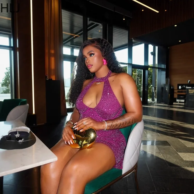 Hlj sexy strass retalhos bodycon mini vestido mulher verão novo halter sem costas vestidos femininos festa clubwear vestidos 2025