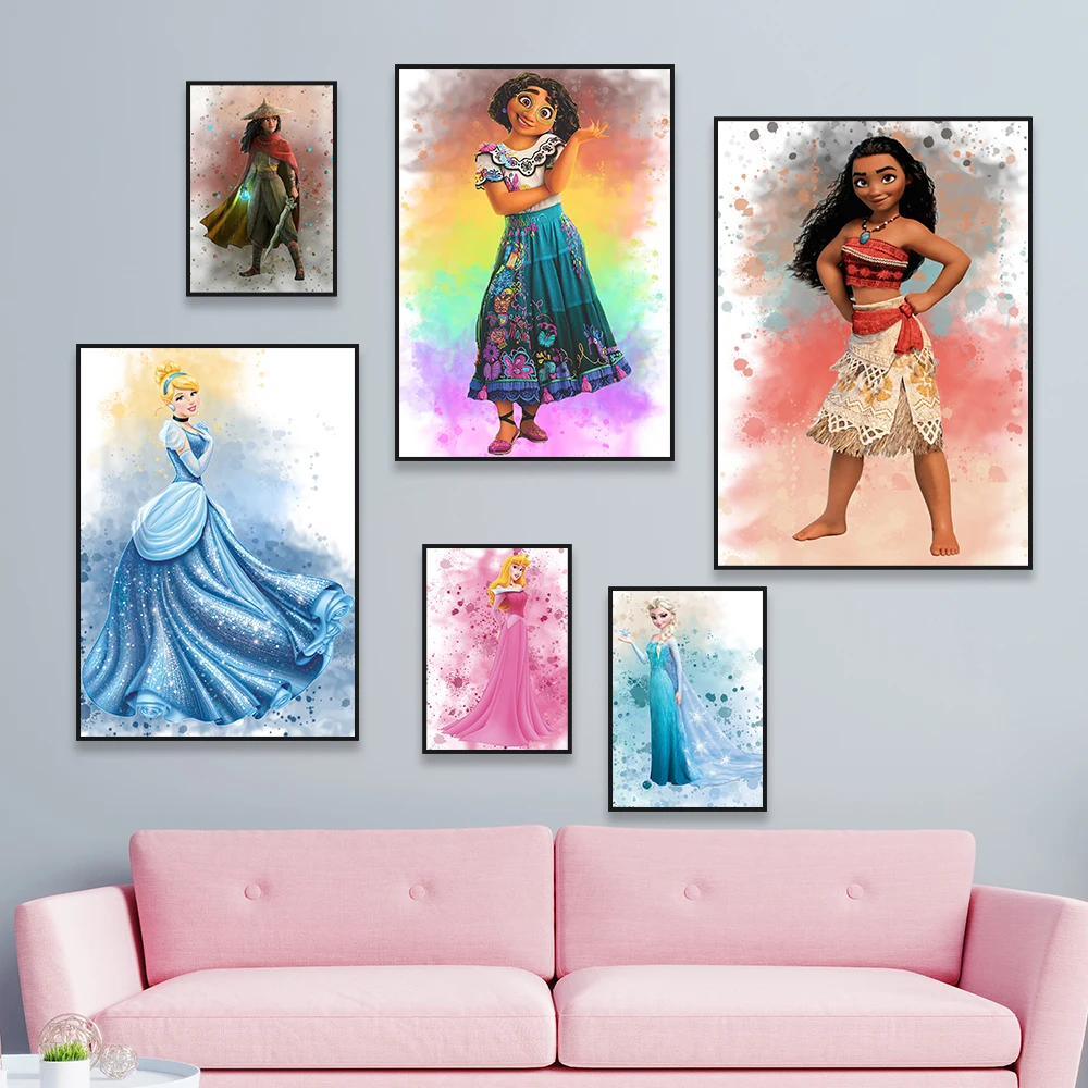 Disney Princess Watercolour Prints Girls Bedroom Poster Cartoon Wall Decor Mirabel Madrigal Canvas Painting Cinderella Wall Art