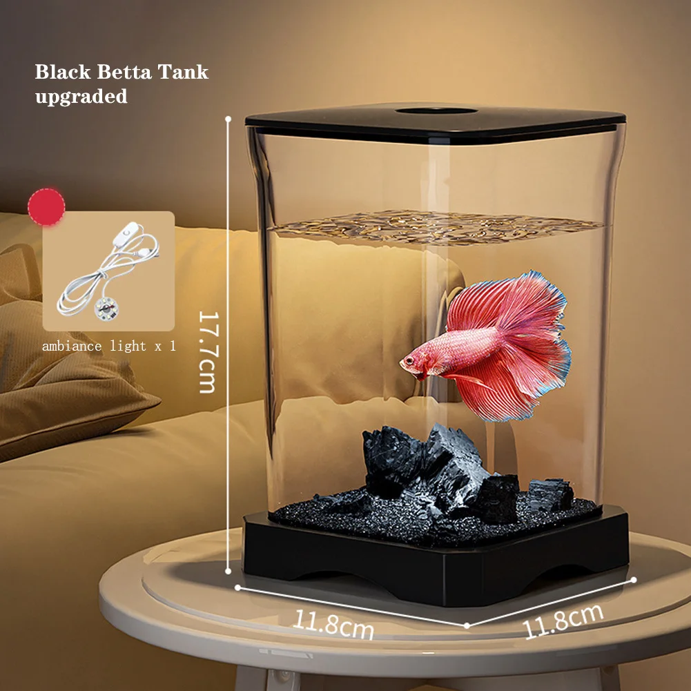 Fish Tank, Betta Fish Tank Starter Kit, Mini Desktop Rectangular Fish Tank with Top Feeding Hole & Built-in Bottom Light