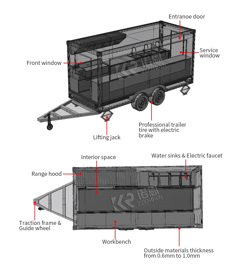 Long Size Food Truck Mobile Dining Car Hot Dog Food Cart Burger Trailer Coffee Ice Cream Vending Van with CE