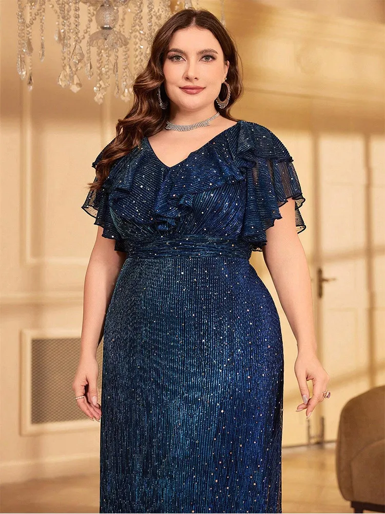 Plus Size V-Neck Blue Colorful Polka Dot Floor-Length Sparkling Evening Dress Big Size Luxury Dinner Blue Evening Dress