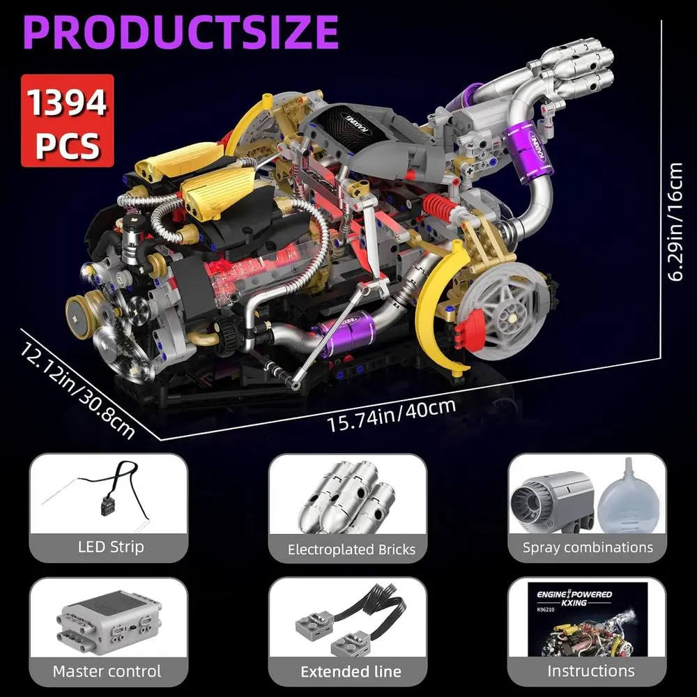 DIY V8 Engine Model Kit with 1394 Pieces, Functional & Illuminated, STEM Toy for Ages 8-14