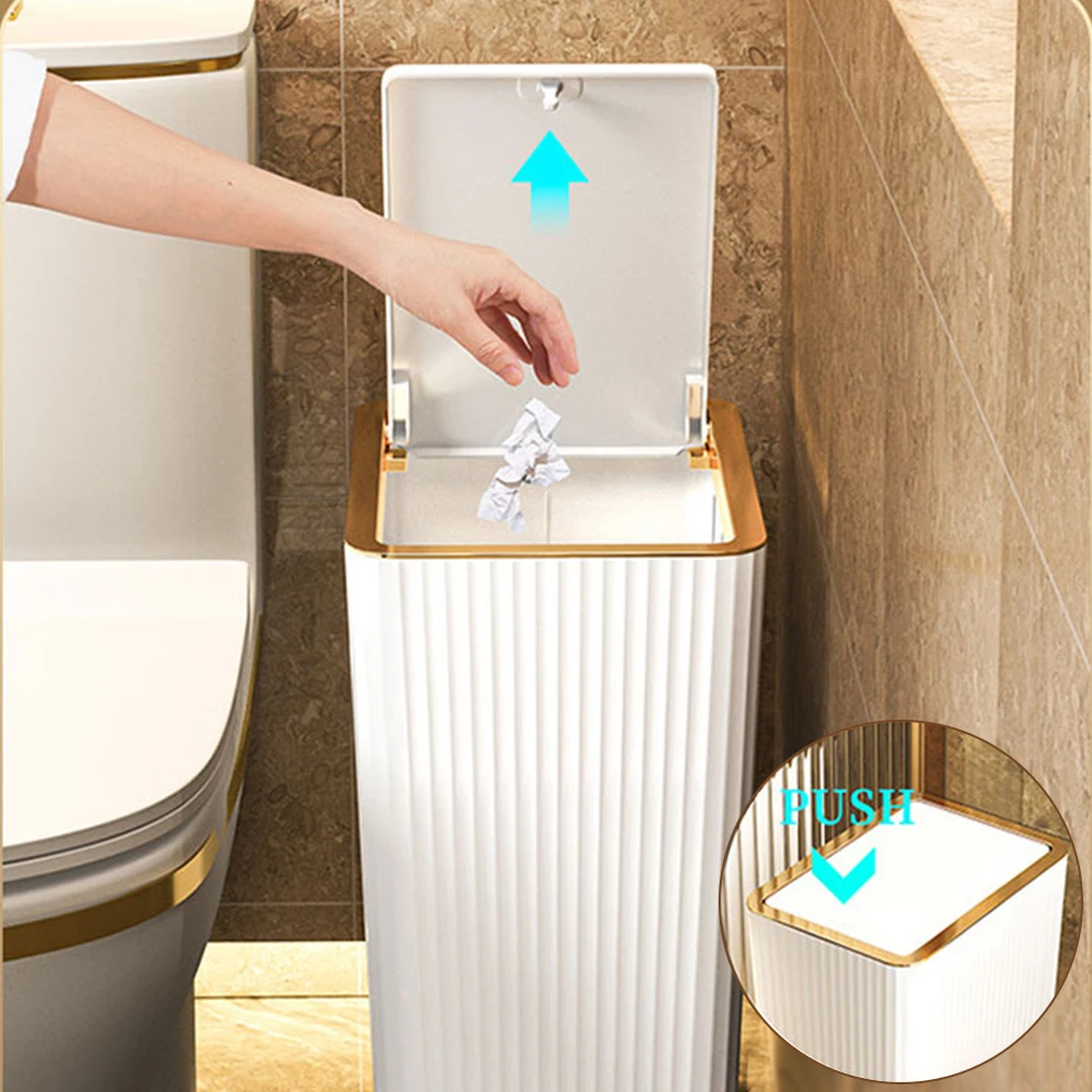 12/15L Nordic Gold Press Trash Can Household with Lid Kitchen Light Luxury Press-type Bathroom Living Room Garbage Waste Bins