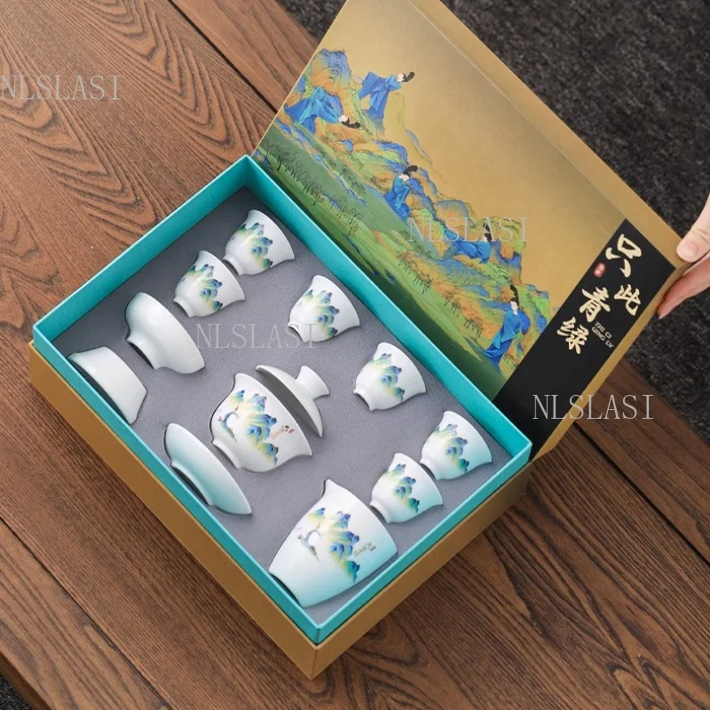 10 Piece Set Tea Set Gift Box Set Household Tea Maker Chinese Style Underglaze Color Lidded Bowl Drinking Utensils Filter
